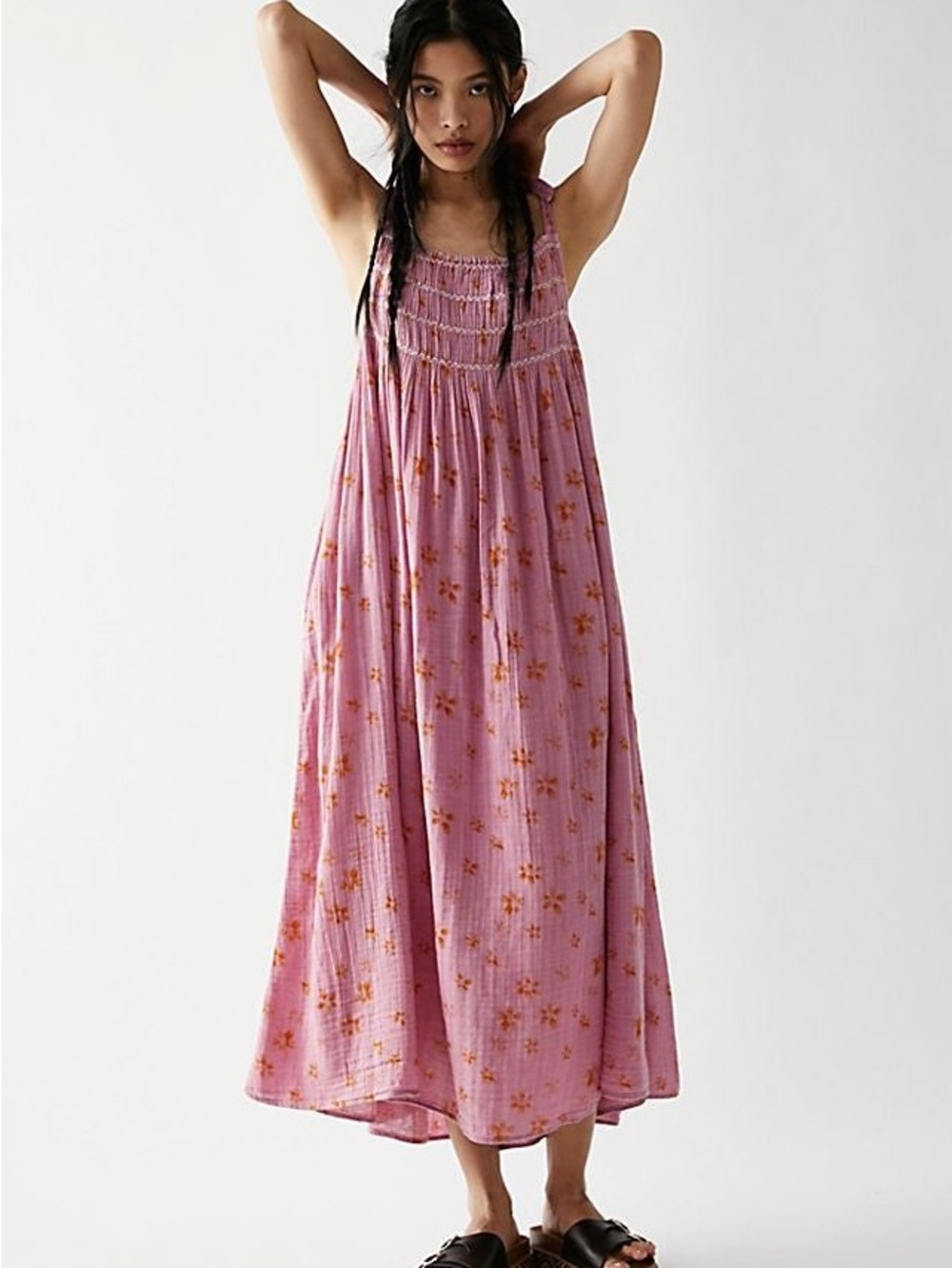 Free People Mauve Pink Smocked Maxi Slip Dress with Orange Floral Print